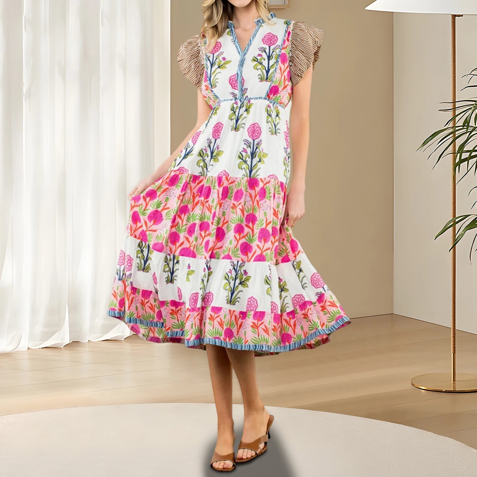 Cyflymder  Floral Print Long Dress y2k Women's V Neck Flying Sleeve Flowy A Line Dress Vacation Beach Party Dresses Streetwear