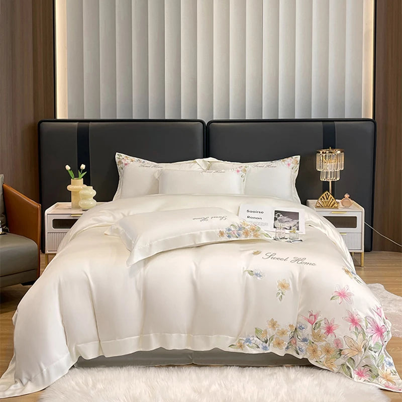 Cyflymder  Luxury Bedding Set Flowers Embroidery Summer Ice Silky Duvet Cover Set Fitted Sheet Bed Sheet Pillowcases Comforter Cover Set
