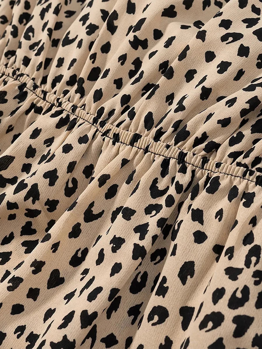 Cyflymder  French Sexy Leopard Printed Dress for Women V Neck Half Sleeve Spliced Lace Up Slim Temperament Dresses Female New