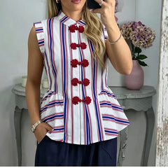 Cyflymder  Striped Mandarin Collar Frog Button Ruffle Trim Top Striped Single‑breasted Summer Women Blouse Versatile Casual Lady Office Top