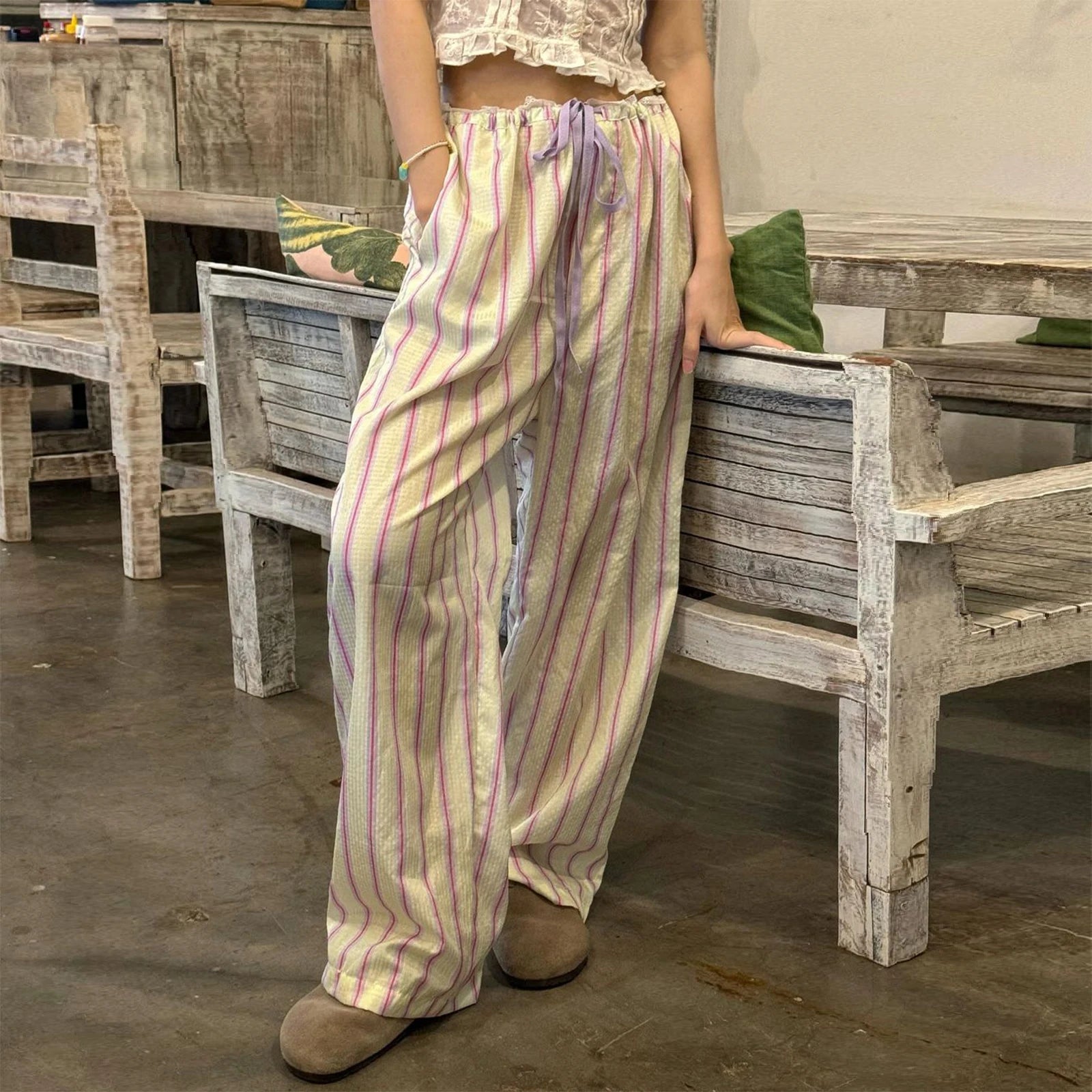 Cyflymder  Women Loose Pants Stripe Print Drawstring Elastic Waist Trousers Spring Summer Casual Sweatpants Streetwear