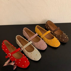 Cyflymder   Summer Brand Mary Jane Shoes for Women Fashion Rivet Suede Classic Retro Brown Casual Soft Bottom Comfortable Ladies Flats