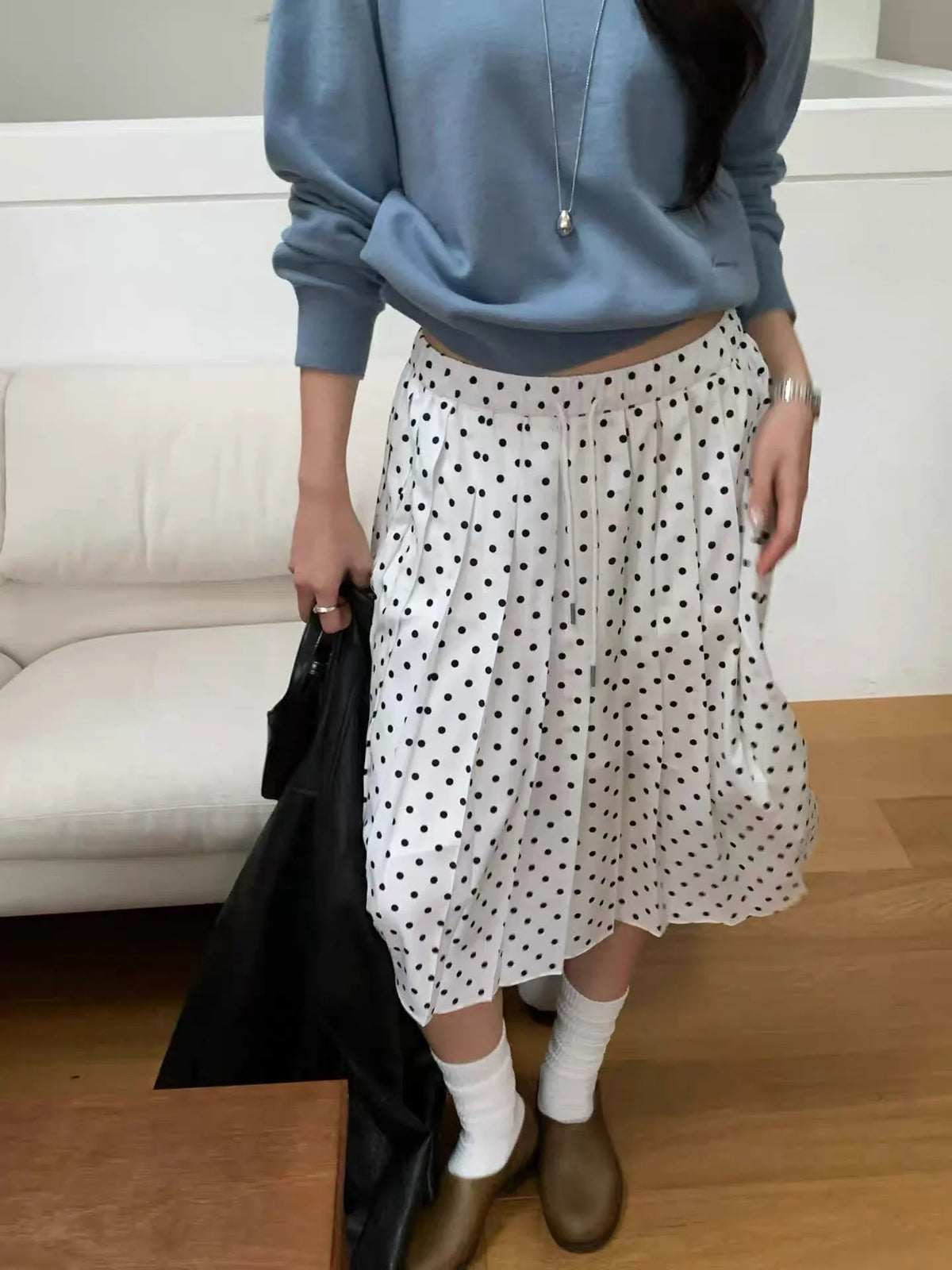 Cyflymder  Spring New Arrival Lace-up Pleated Polka Dot Midi Skirt