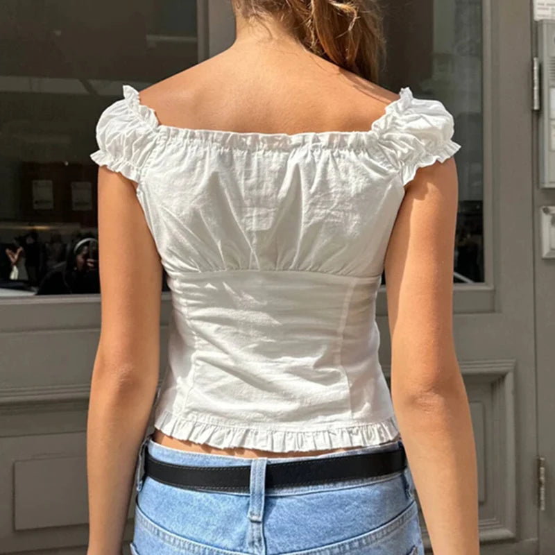 Cyflymder  Preppy Button Down Blouse Tops Y2k Vintage Cap Sleeve Women T-shirt 00s Fairy Frill V Neck Crop Tops Milkmaid Vest