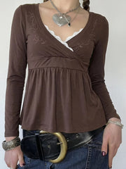 Cyflymder   Lace Patchwork V Neck Long Sleeve Embroidery Casual All Match  High Waist A-LINE Women's T-shirts
