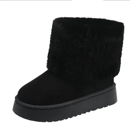 Cyflymder Shoes for Women Winter Women's Boots Black Round Toe Solid Flock Plush Warm Mid Heel Water Proof Casual Snow Boots Women