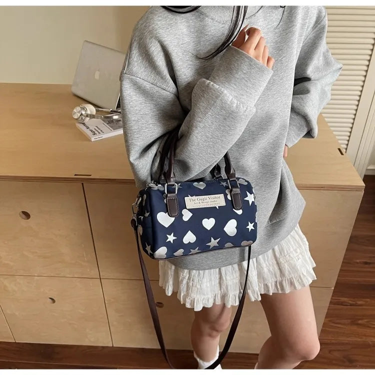 Cyflymder  Harajuku Style Heart Star Print Canvas Bag Women Sweet Cute Boston Bag Ladies Versatile Fashion Trendy Handbag Y2k Aesthetic New