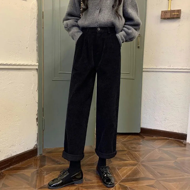 Cyflymder Vintage Corduroy Pants High Waist Spring Straight Trousers Causal Pockets All Match Female Black Korean Pants