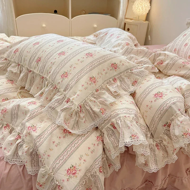 Cyflymder  100% Cotton Vintage Countryside Rose Floral Lace Ruffles Duvet Cover Set Bed Skirt Or Bed Sheet Pillowcases Girls Bedding Set