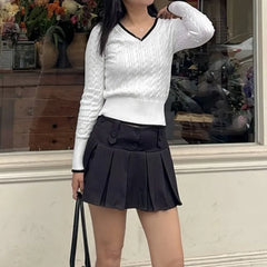 Cyflymder  Fashion Vintage Preppy V Neck Long Sleeve Pullovers Y2k Knitted Slim Waist All Match High Street Women Sweaters Harajuku Jumpers