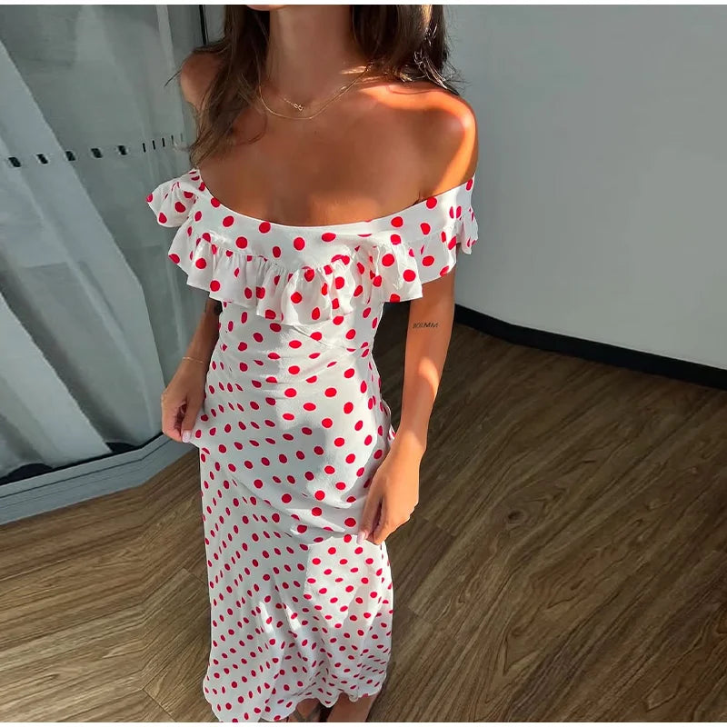 Cyflymder  Slash Neck Polka Dot Printed Dress Women Color Blocking Design Elegant Fashion Casual Robe Versatile Off Shoulder Flounce Dress