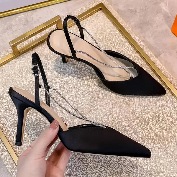 Cyflymder  Pointed Heel Sandals Black Shoes for Women Beige High 2025 Girls Closed Clear Comfort Rhinestone Low Buckle Strap PU Casual Micr