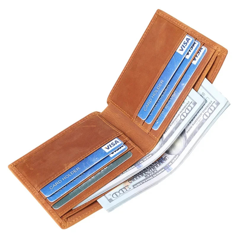 Cyflymder  Men's Wallet 100% Genuine Leather Short Wallet Vintage Cow Leather Coin Purse Casual Wallets Purse Card Holders