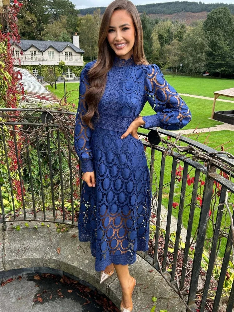 Cyflymder  Dresses for Women Wholesale Sexy Long Sleeved Stand Up Collar and Large Swing Lace Trim New  Fall Elegant Fashion Dress