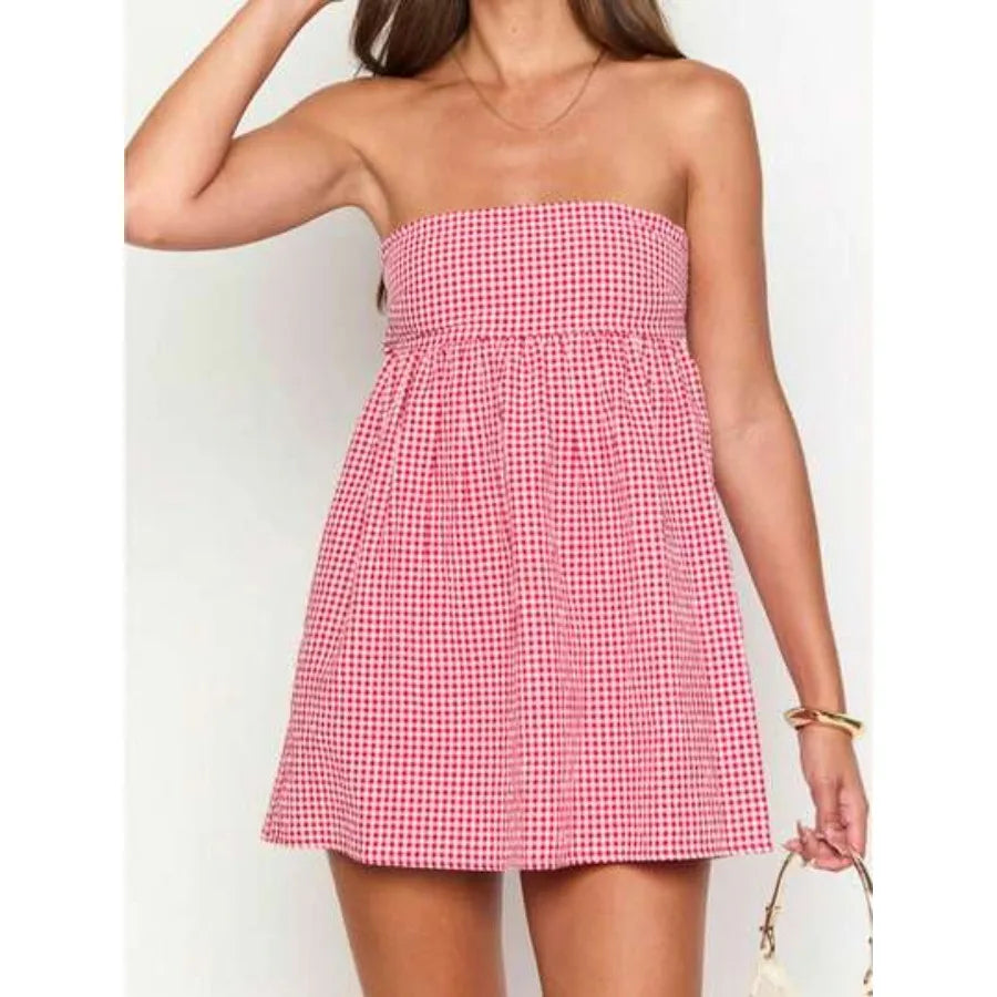 Cyflymder  Women Summer Mini Bandeau Dress Off Shoulder Strapless Plaid Tube Top Dress With 2 Pockets