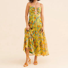 Cyflymder  Floral Cut Out Maxi Dress Bohemian Front Tie Up Flowy Dresses for Women Summer Backless A-line Dress Vacation
