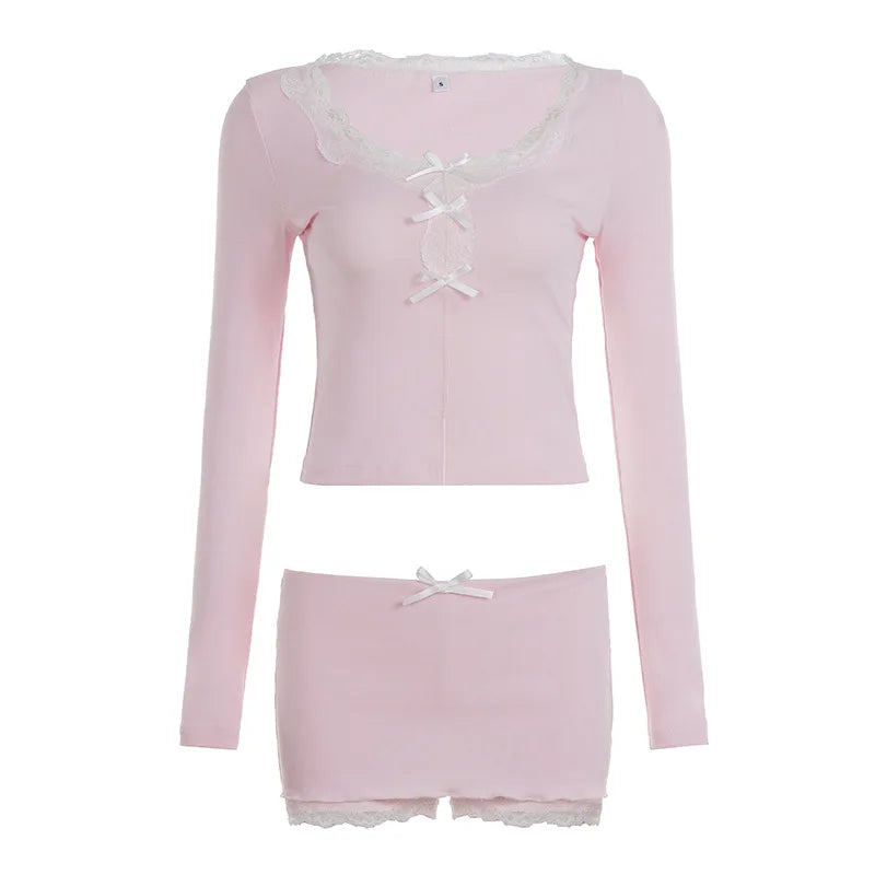 Cyflymder  Y2K Hot Girl Lace Hem 2 Piece Set Fashion Bow Long Sleeve Crop Top & Bodycon Mini Skirt Matching Suits Casual Women Outfit