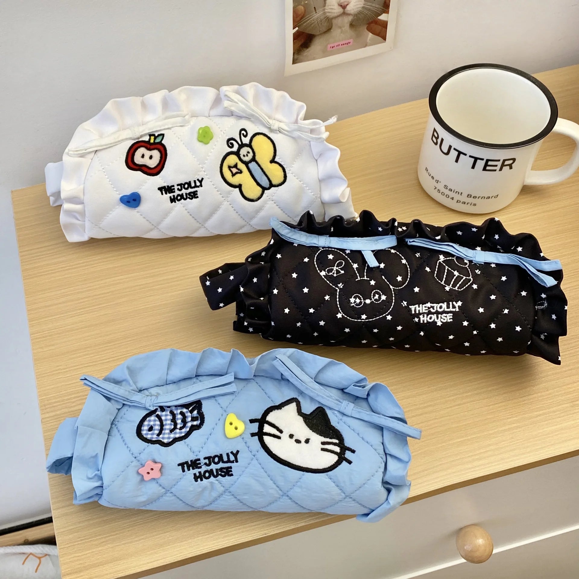 Cyflymder  Korean Fashion Ruffle Pencil Case for Kids Girl Sweet Cartoon Bunny Kitten Stationery Organizer Kawaii Pen Pouch Back To School