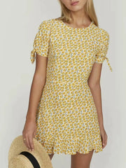 Cyflymder  French Pastoral Style Printed Dress for Women O Neck Short Sleeve Spliced Lace Up Slimming Short Dresses Female New