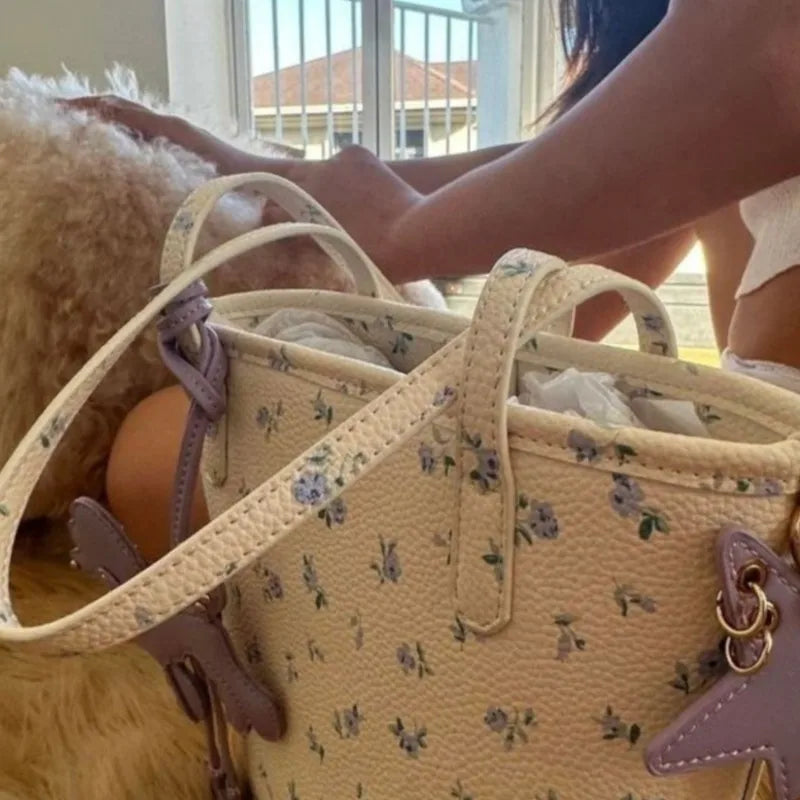 Cyflymder  Floral Market Tote Bag Women Cartoon Purple Charm Cute Shoulder Purse Ladies Leather Large Capacity Commuter Handbag 2025 New