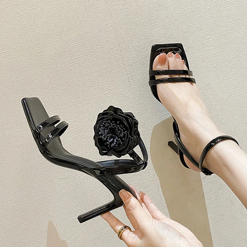 Cyflymder  Summer Fashion Wine Red Patent Leather Flowers Ankle Strap Sandals Women Square Toe Gladiator High Heels Party Dress Shoes