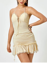 Cyflymder  Women's Halter Backless Cut Out Mini Dress Lace Up Ruffle Sexy Fashion Casual Party Cami Short Dresses Beige Summer