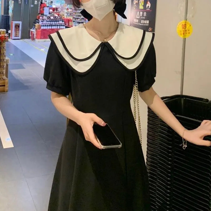Cyflymder  Black Doll Collar Puff Sleeve Long Dress Women's Clothing French Gentle Style Summer New A-Line Fashion Patchwork Aura Dresses