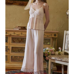 Cyflymder   French Retro Style with Chest Pad Lace Suspender Pajamas Wide-leg Pants Set Sexy Modal Girl Loungewear Summer
