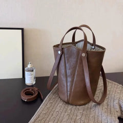 Cyflymder  Retro Brown PU Leather Bucket Bags Women Autumn Winter New Large Capacity Underarm Bag Ladies Fashion Versatile Commuter Handbag