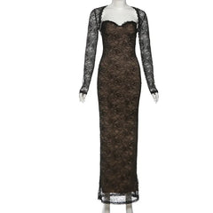 Cyflymder   Lace Maxi Dress See Through Full Sleeve Cape + Strapless Liner Bodycon Birthday Party Long Robe Evening Gown Women Sexy Clubwear