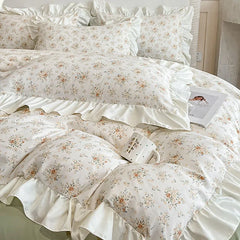 Cyflymder Princess Style Lace Bed Skirt Four Piece Set Small Floral Print Soft Bedding Set Cotton Fabric Skin Friendly Nude Sleeping Sheet