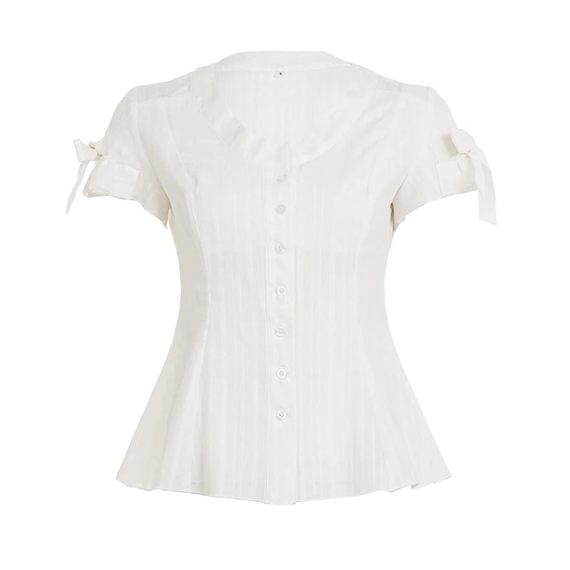 Cyflymder  Casual White Sheer White Striped Petal Sleeve Blouse Women Slimming A-line V-neck Elegant Shirts Summer Woven Tops
