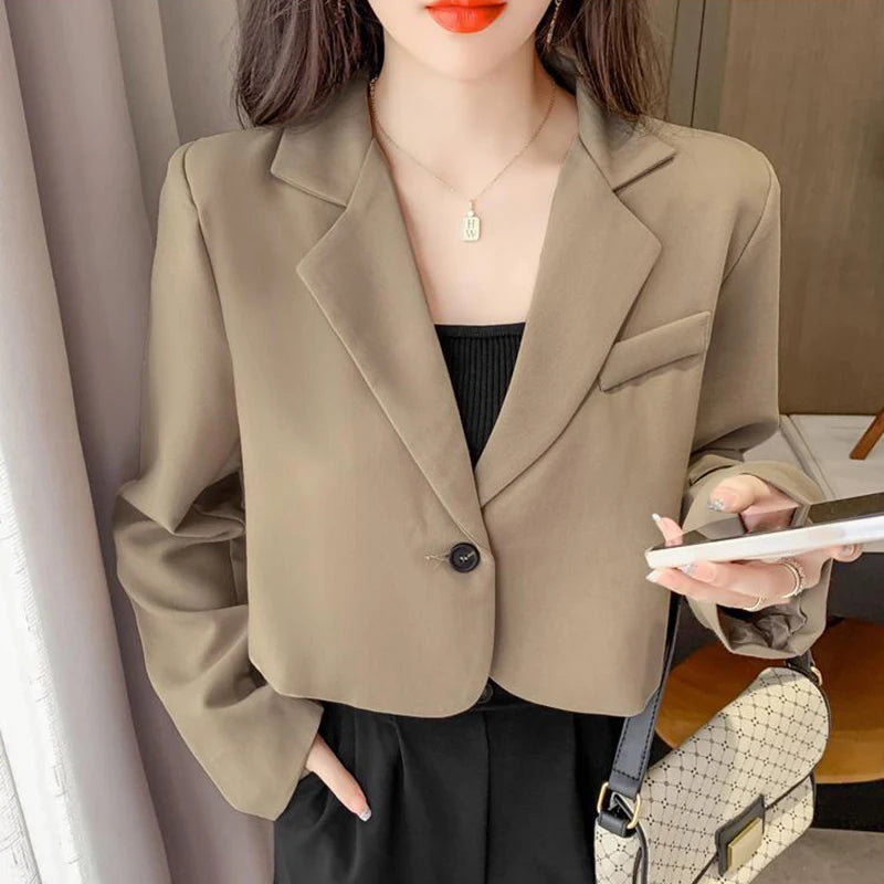 Cyflymder Cropped Blazers for Women New Korean Fashion Long Sleeve Button Up Suit Jacket Woman Elegant All Match Office Blazer Female