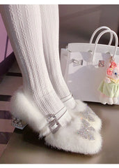 Cyflymder  French High Heel Furry Shoes Women Fleece Lined Warm Winter Pumps Bow Square Toe Mary Jane Block Heel Footwear