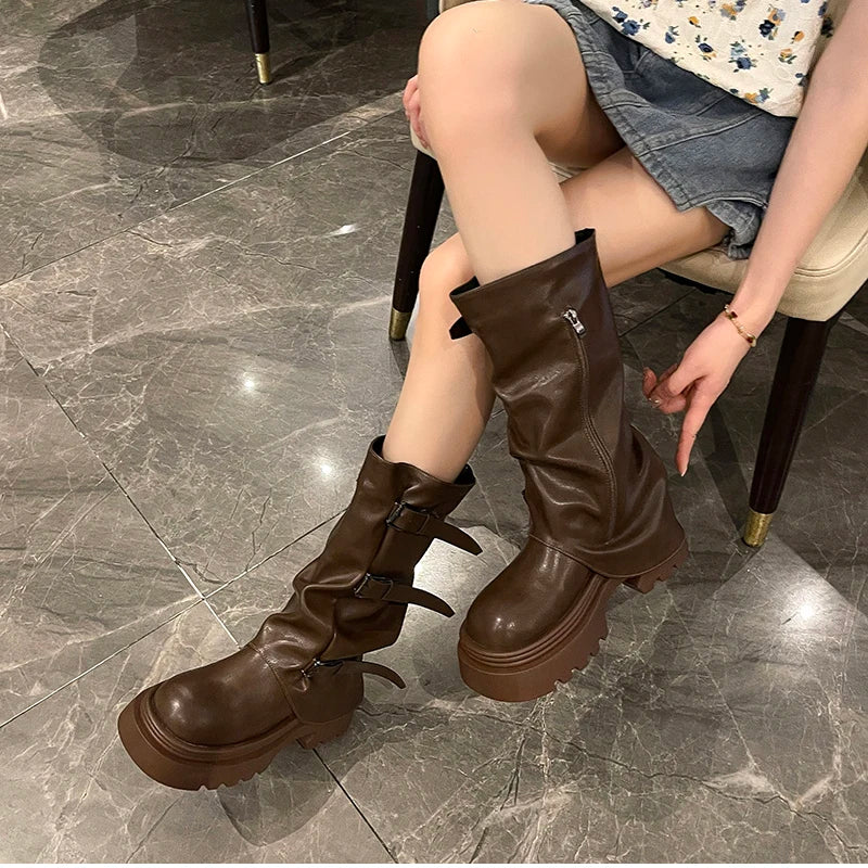 Cyflymder  Designer Thick Heel Women Western Cowboy Boots Fashion Ladies Belt Buckle Knight Booties botas de inverno feminina