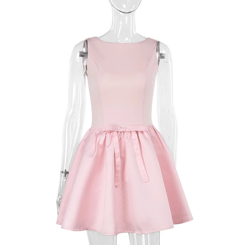 Cyflymder   Bow Sleeveless Dress Women Summer Pink Backless Sexy Slim Pleated Short Dress Elegant Party Evening Dress Vestidos Y2k Clothes