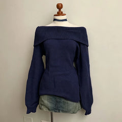 Cyflymder  Women Y2K Off‑Shoulder Knit Sweater Long Sleeve Fold Over Neck Ribbed Cropped Pullover Vintage Casual Autumn Winter Knitted Top