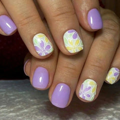 Cyflymder  24Pcs Simple Purple Yellow Flower with Design False Nails Short Square Head Press on Fake Nails Detachable Full Cover Nails Tips