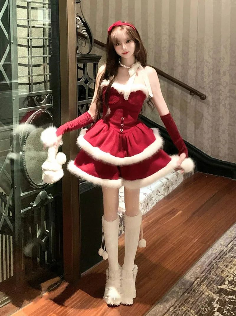 Cyflymder  Christmas Red suit Velvet Cake Puff Women's Dress Set Winter French Lady Princess Two Piece Outfit coat