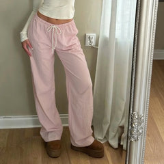 Cyflymder  Casual Homewear Pink Drawstring Pants Women Fashion Straight Leg Full Length All Match Trousers New Bottoms Trend