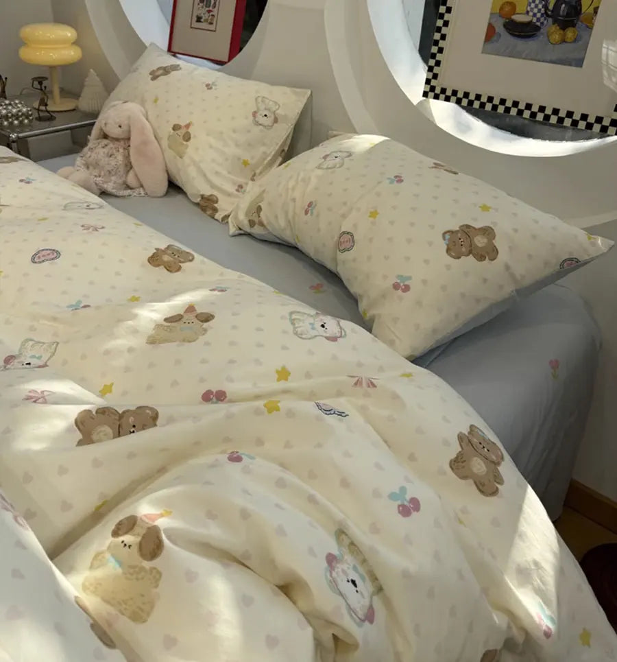 Cyflymder  Cute cartton bear dog heart cherry polka dot bedding set,twin full queen cotton home textile bed sheet pillow case duvet cover
