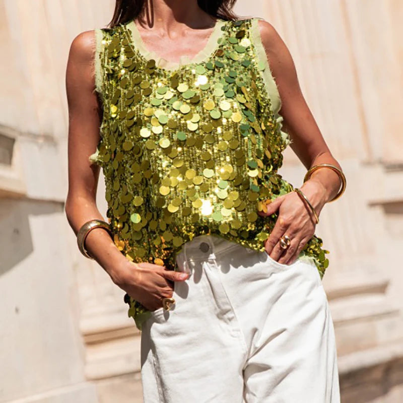 Cyflymder  Fashion Women's Clothing Holiday Blouses Shiny Sequined Sleeveless Vest Top Summer Ladies O-neck Hollow Out Club Party T-shirt