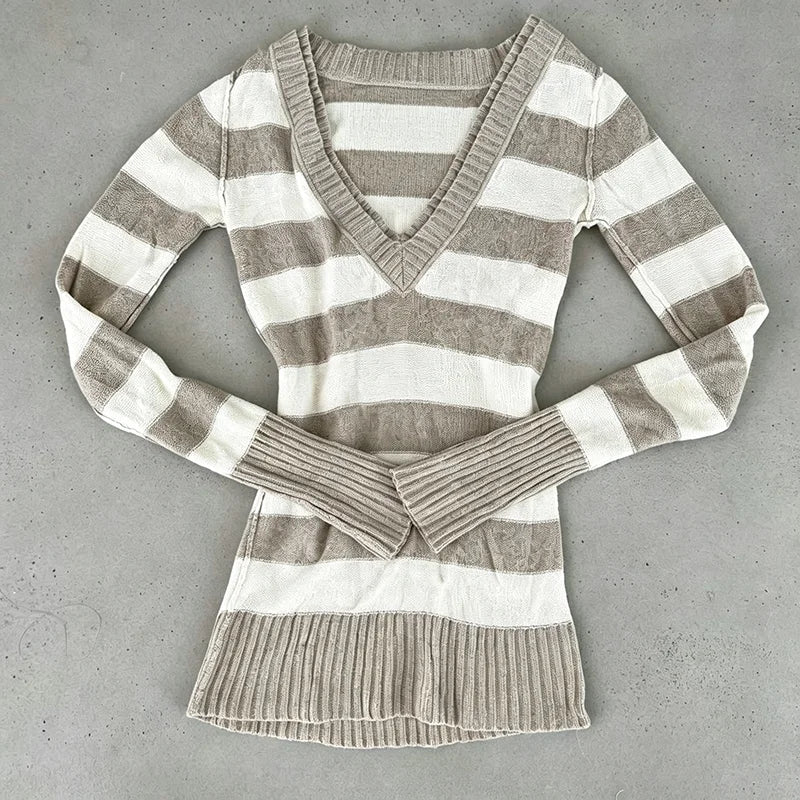 Cyflymder  Vintage Y2K Women's Striped Punk Pullover High Street V-Neck Slim Fit Long Sleeved Casual Sweater Gothic Fashion Street Harajuku