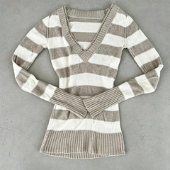 Cyflymder  Vintage Y2K Women's Striped Punk Pullover High Street V-Neck Slim Fit Long Sleeved Casual Sweater Gothic Fashion Street Harajuku