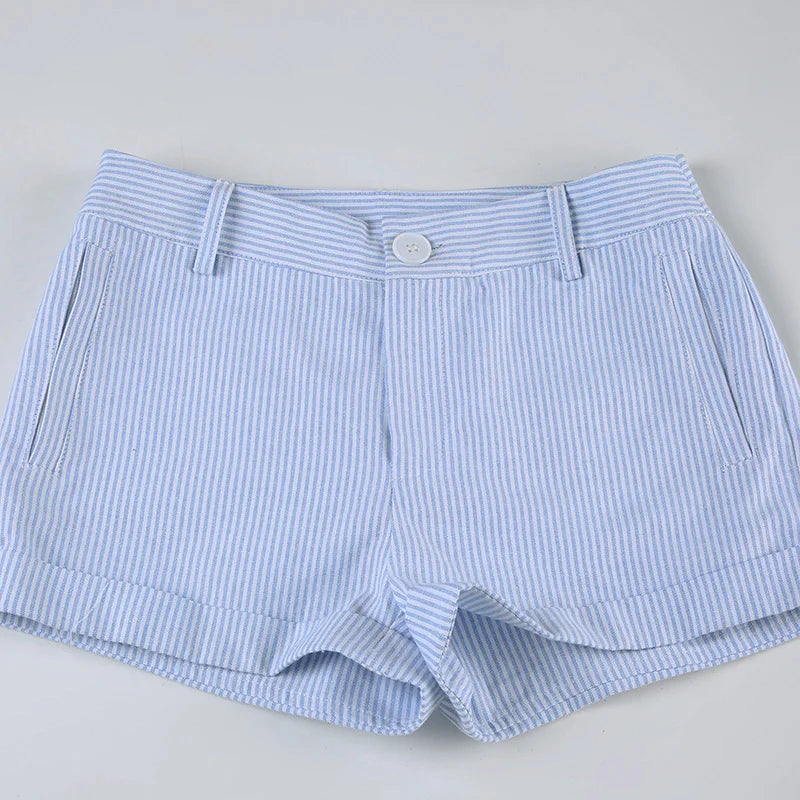 Cyflymder  Casual Slim Striped Shorts Holiday Basic Folds Low-Waisted Shorts Women 2025 Summer Fashion Streetwear Ladies Office