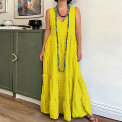 Cyflymder  Summer Thin Breathable Solid Color Boho Beach Long Skirt Fashionable Baggy Boho Beach V-neck Sleeveless Maxi Dress