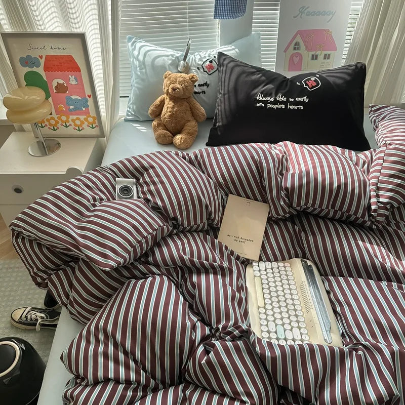 Cyflymder  European Striped Grid Bedding Set Fashion Soft and Breathable Bedclothes for All Seasons Luxury Cozy Printed Quilt Cover Set