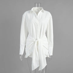 Cyflymder  Shirt Dress Europe and America New Summer Style Holiday Lazy Solid Color Tie Lapel Hip Shirt Dress