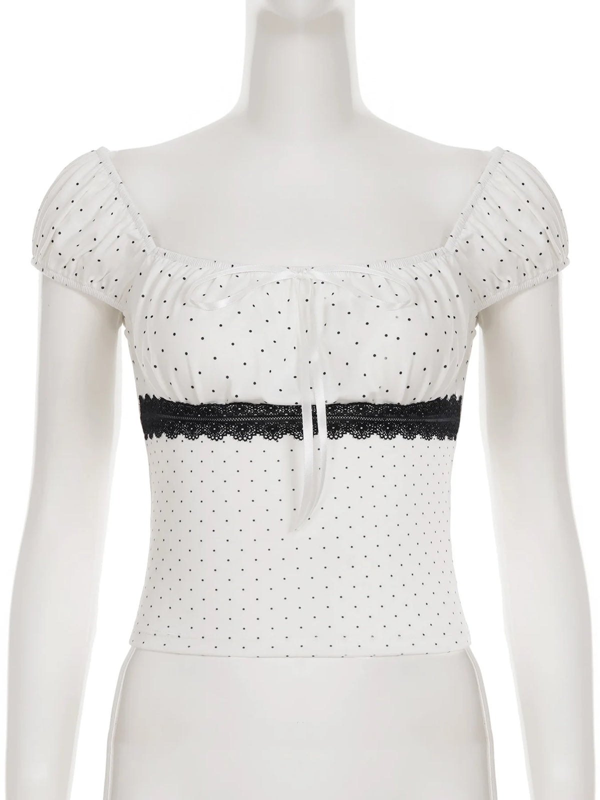 Cyflymder  Casual Dot Printed T Shirt French Style Slim Bandage Lace Trim Short Sleeve Tees Women 2025 Summer Fashion Streetwear