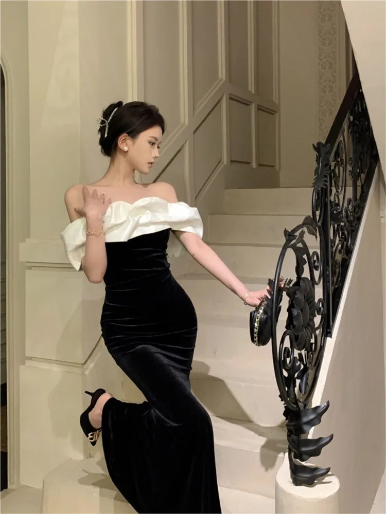 Cyflymder  Mermaid Dresses Women Sexy Slash Neck Off Shoulder Ruffles Patchwork Elegant Slim Evening Party Dress Female Backless Vintage